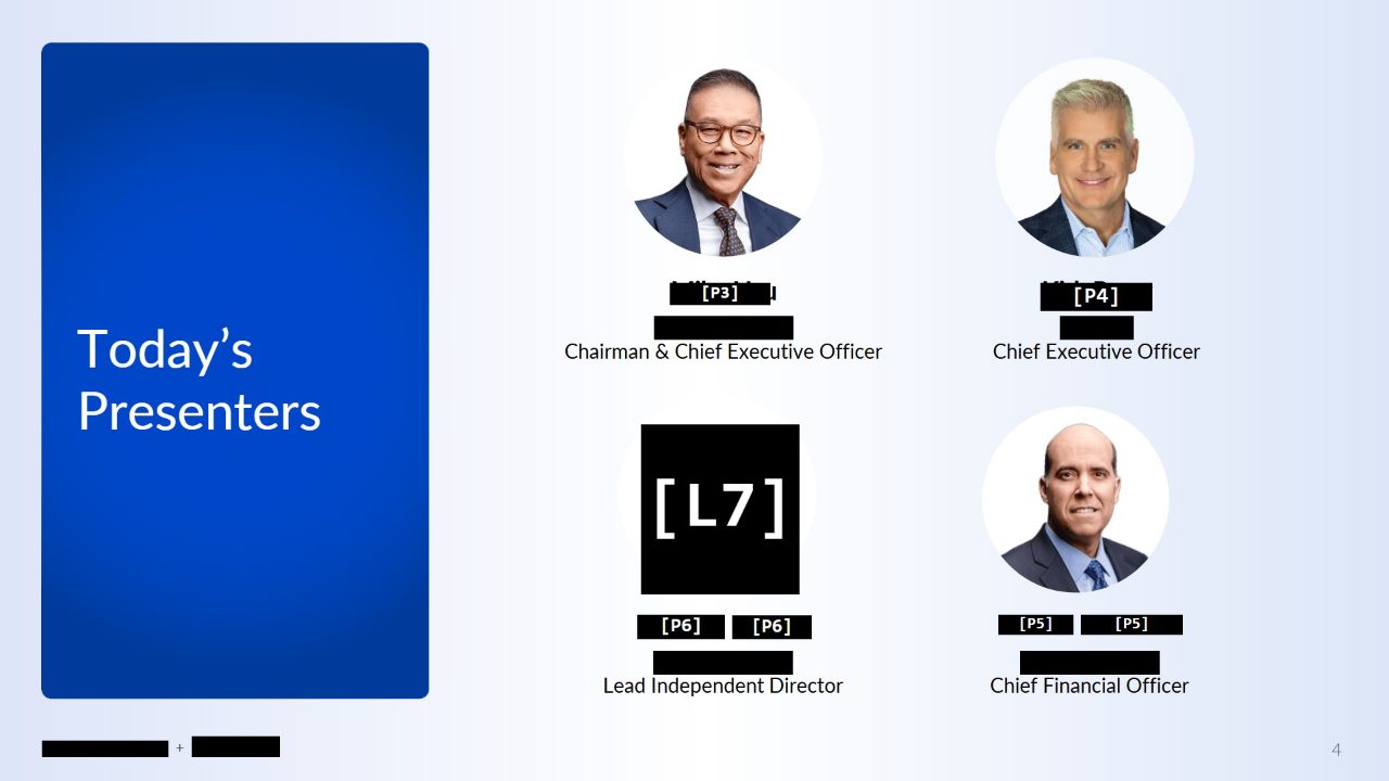 The same slide after redaction: every name is covered by a labelled bar and one headshot by a bar labelled [L7], while the job titles (Chairman & Chief Executive Officer, Lead Independent Director) are left readable.
