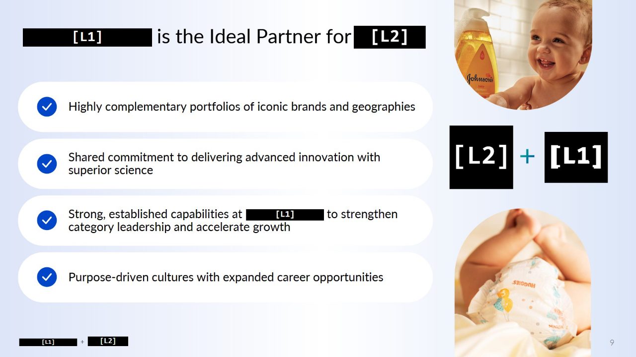 The same slide after redaction: the company names in the headline, the two logos, and the name inside the third supporting point are covered by labelled bars, while the four points themselves read as written.